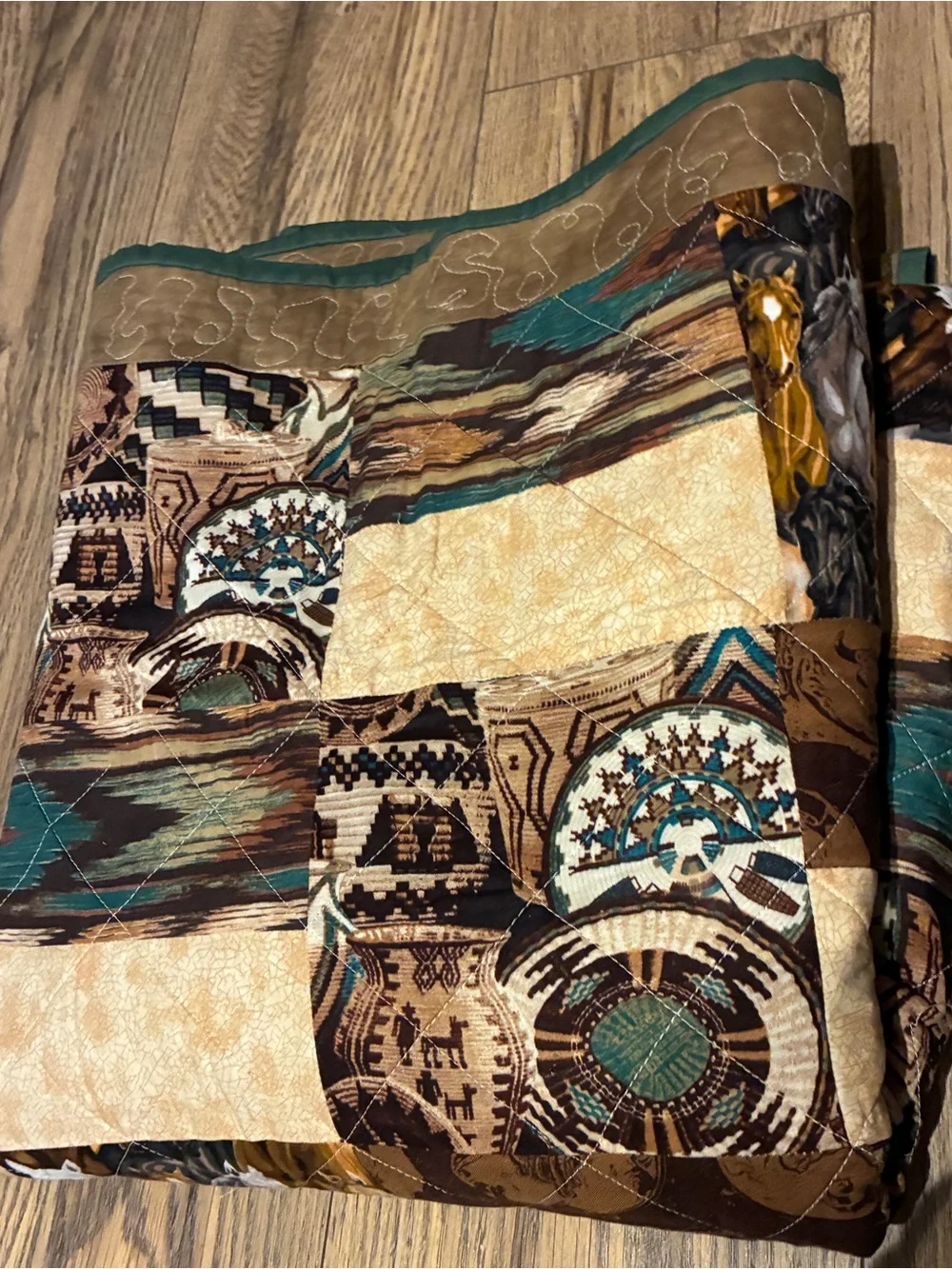 Handmade Western Patchwork Quilt in Brown, Cream & Teal 61” x42”
